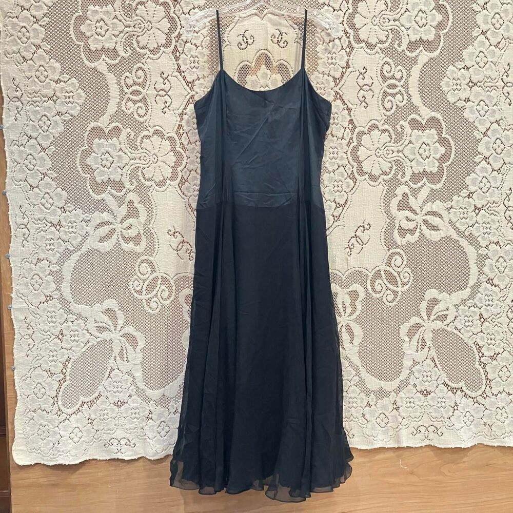 Vintage Black Silk Chiffon Layered Flowy A-Line Maxi Dress with Spaghetti Straps